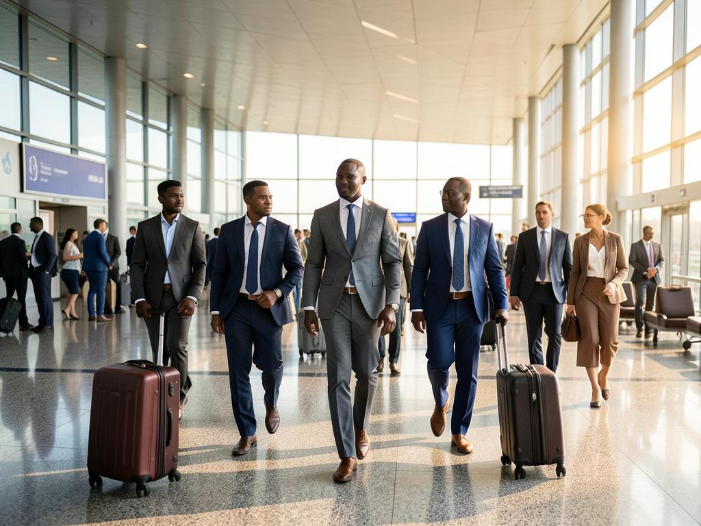 Business travellers in an airport terminal