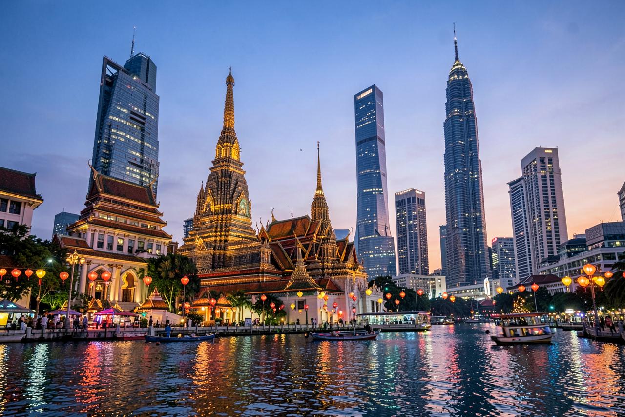 Asian skyline and temple lit up at dusk