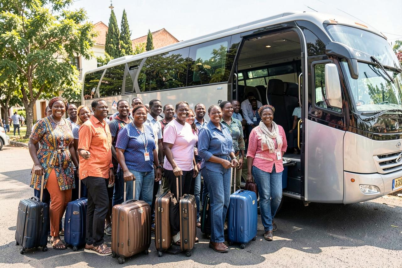 A large travel group boarding a tour coach