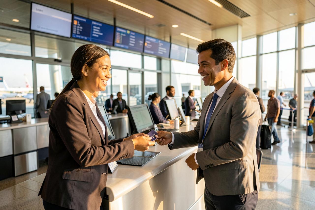 Traveller checking in at an airline counter