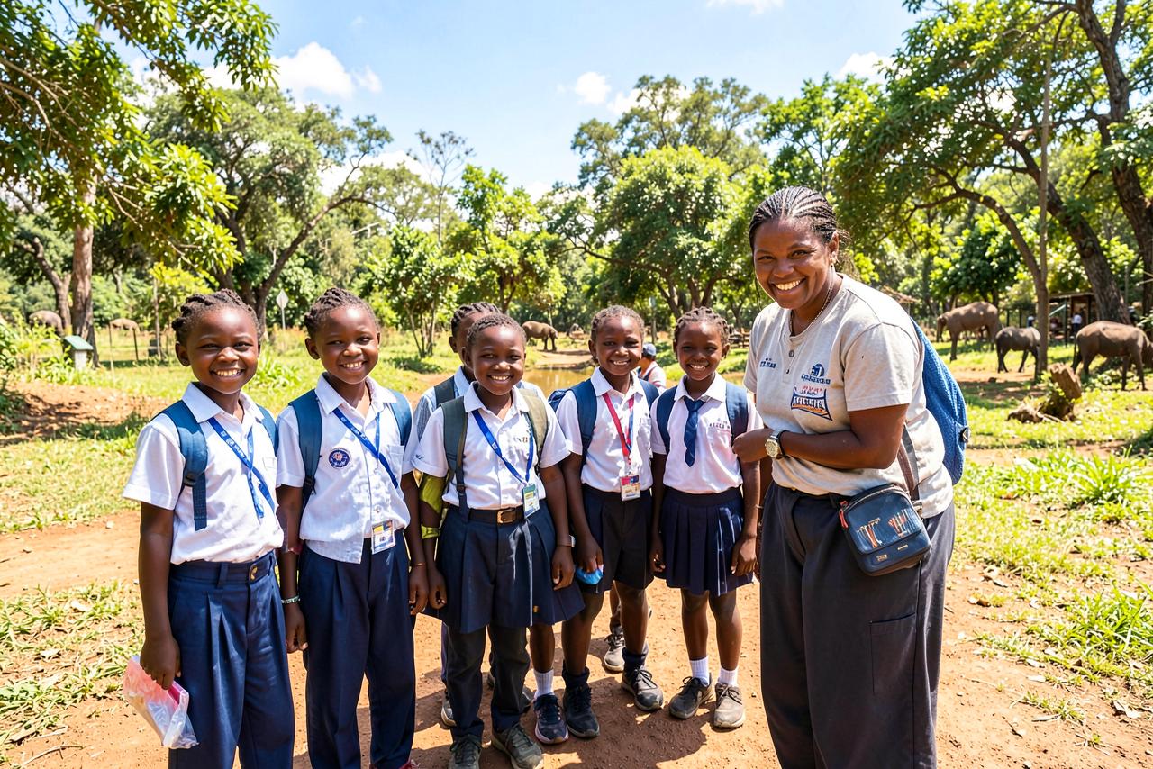 Schoolchildren with their teacher on an educational trip
