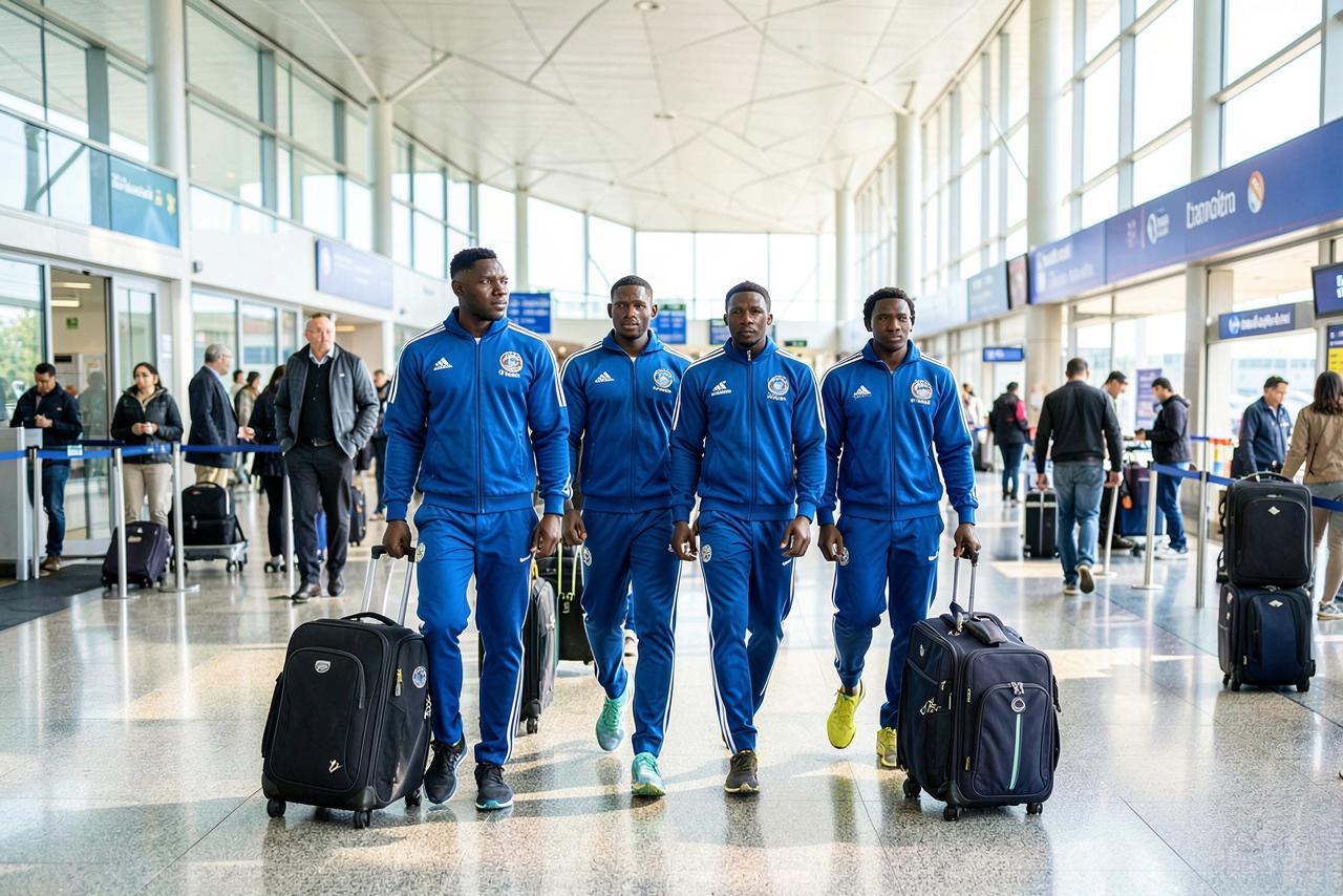 Sports team walking through an airport with kit bags