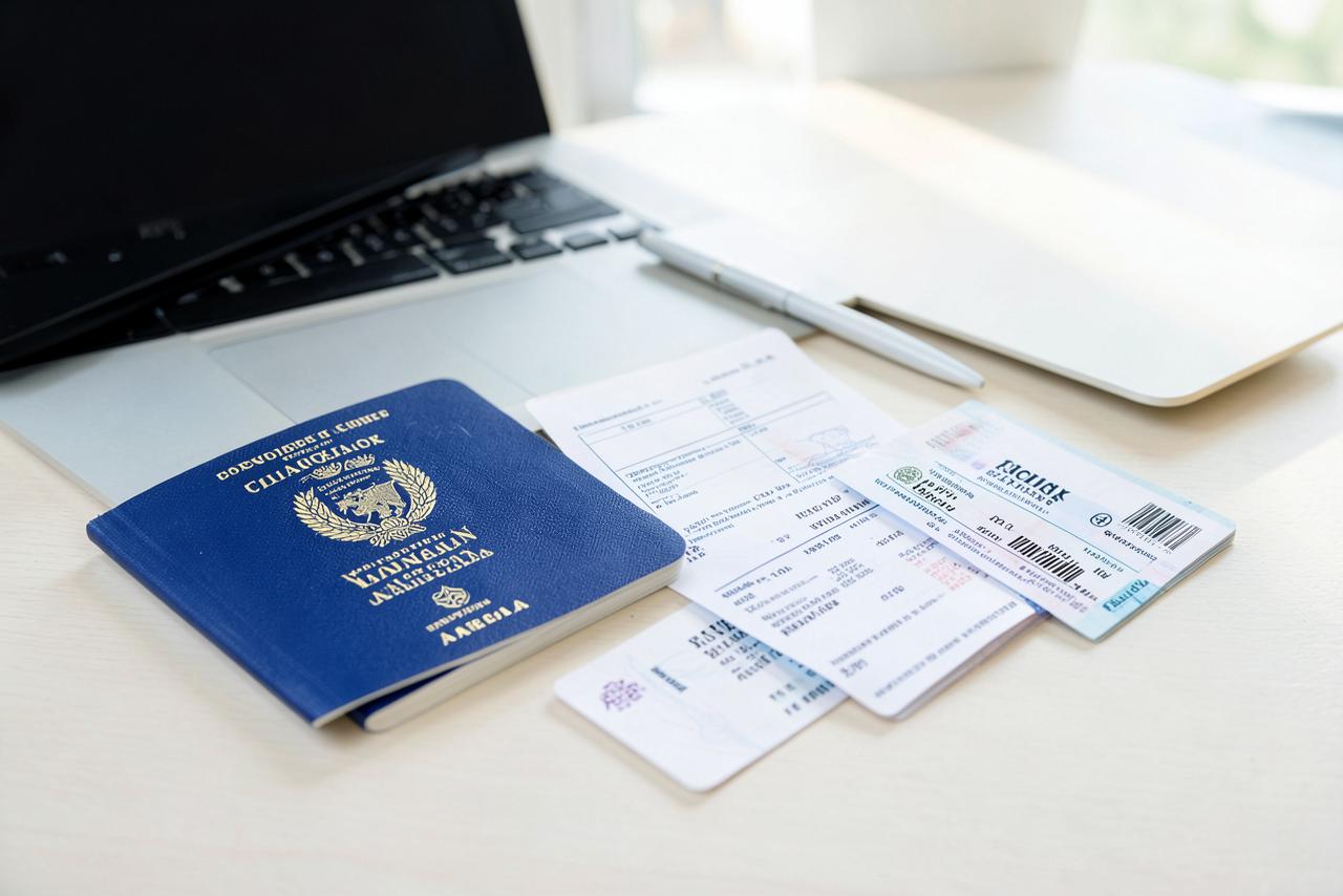 Passport, visa application forms and boarding passes on a desk