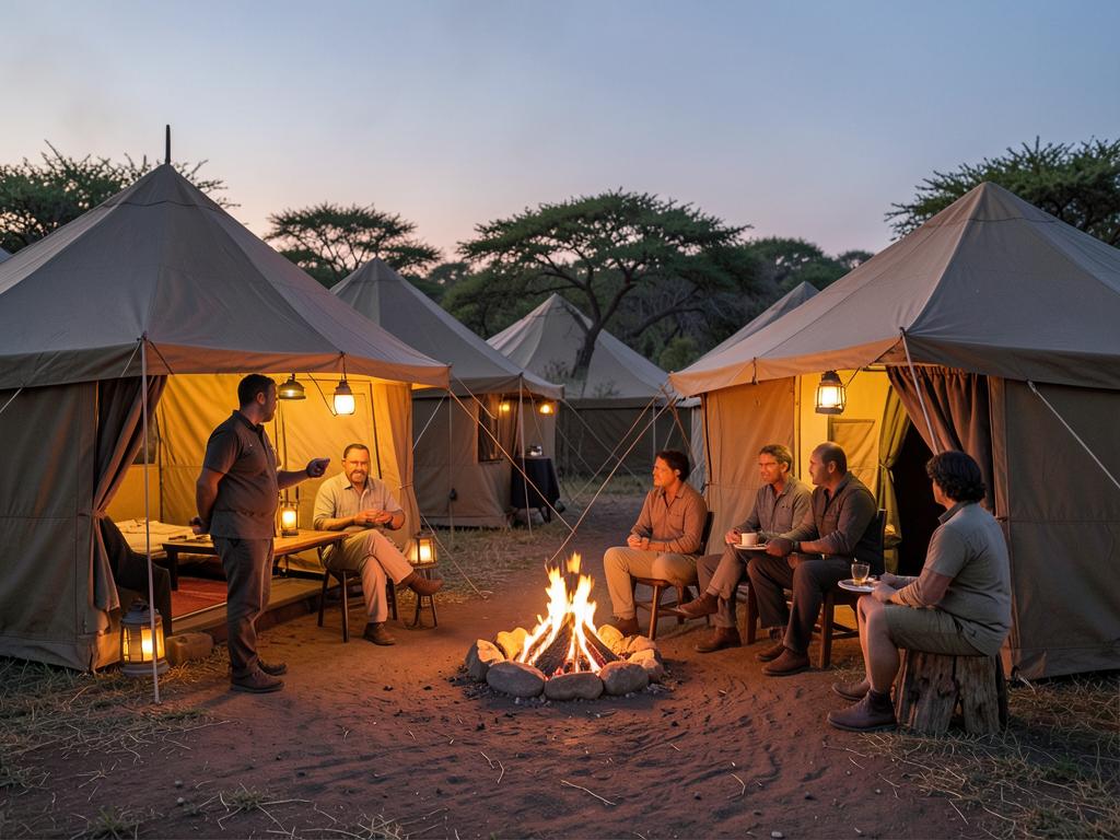 Campfire evening at a luxury tented camp