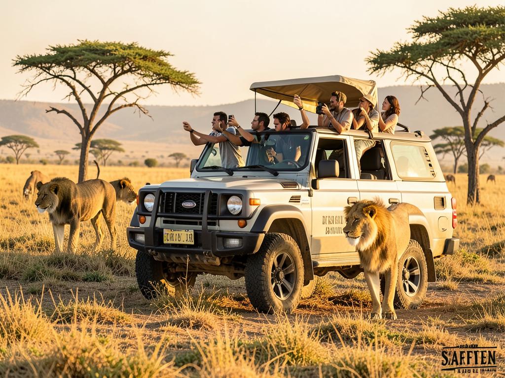Guests photographing wildlife from a safari vehicle